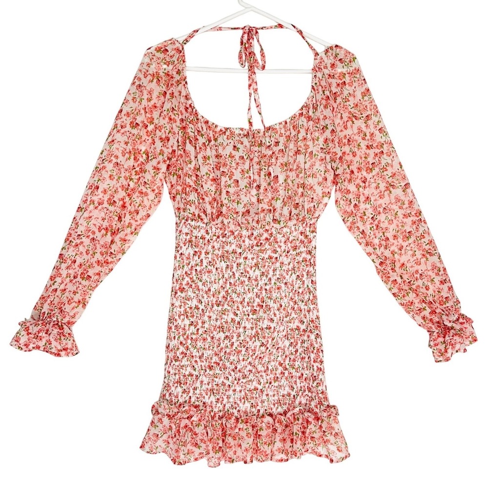 Vine and Valley Pink Floral Smocked Mini Dress Long Sleeve Chiffon Ruffle Large